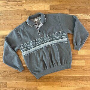 Vintage 90s Coogi-Style Norm Thompson Green-Grey Long-Sleeve Polo Shirt - Medium